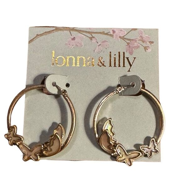 NWT Lonna & Lilly Gold-Tone Enamel Butterfly Medium Hoop Earrings, 1.2" - Picture 2 of 4